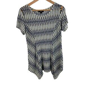 AGB Womens SIze Large Green Tan Black Geometric Print Cold Shoulder Knit Shirt